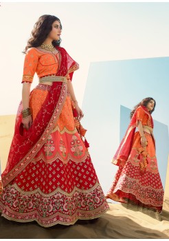 Orange and Red Color Raw Silk with Heavy Embroidery & Stone Work